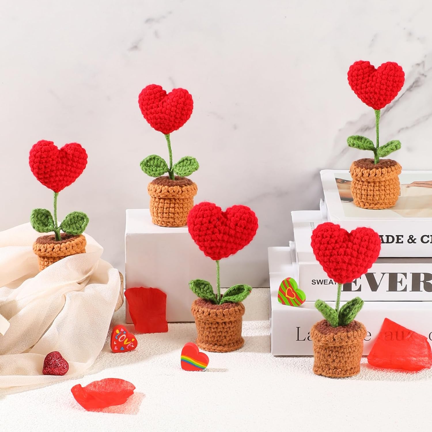 10 Pcs Crochet Heart Flowers Potted Plant Bulk Mini Valentine'S Day Gifts For Teacher Artificial Handmade Knitted Flower For Women Team Coworker Office Staff Nurse Appreciation Gifts