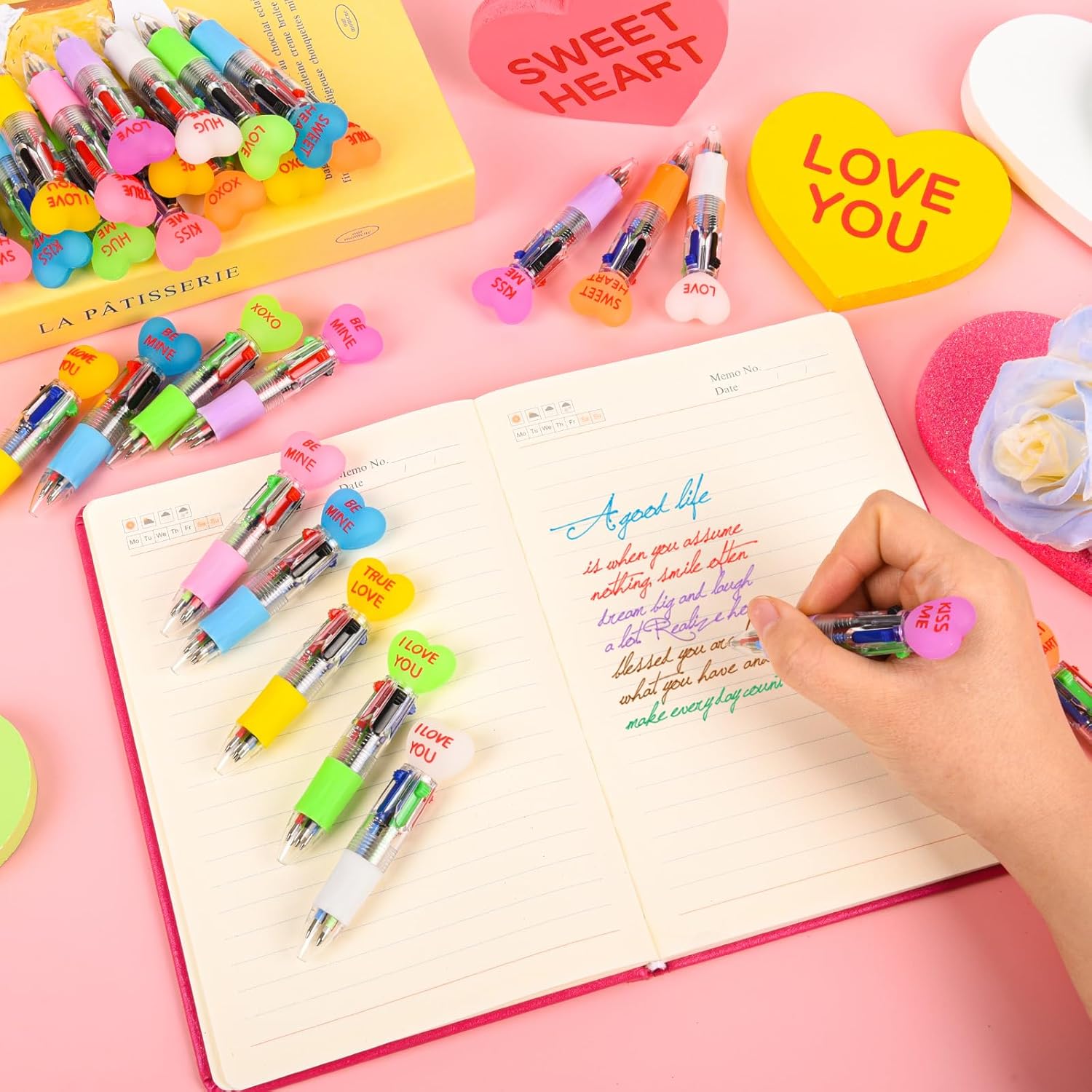 50 Pcs Valentine'S Day Conversation Colorful Multicolor Pen In One Cartoon Cute Fun 4-In-1 Pens Bulk Kawaii Be Mine Kiss Me Love Conversation Lovely Ballpoint Pens For Fun Gifts