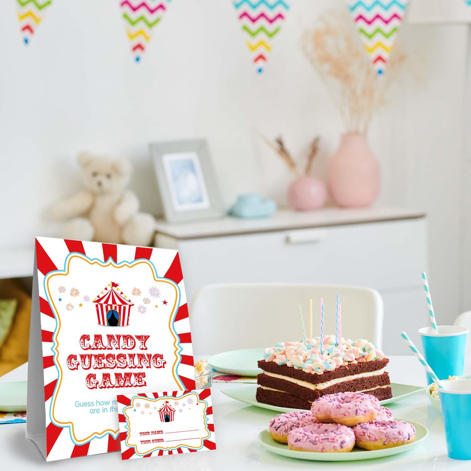 Carnival Guess How Many Baby Shower Game, Circus Theme Party Decorations, Carnival Birthday Party Decorations, Guess How Many Candies, Birthday Party Game & Activities 50 Cards And Sign
