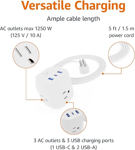 Cube Power Strip with 3 AC Outlets and 3 USB Ports including 15W USB-C and 5 ft Cord