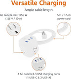 Cube Power Strip with 3 AC Outlets and 3 USB Ports including 15W USB-C and 5 ft Cord