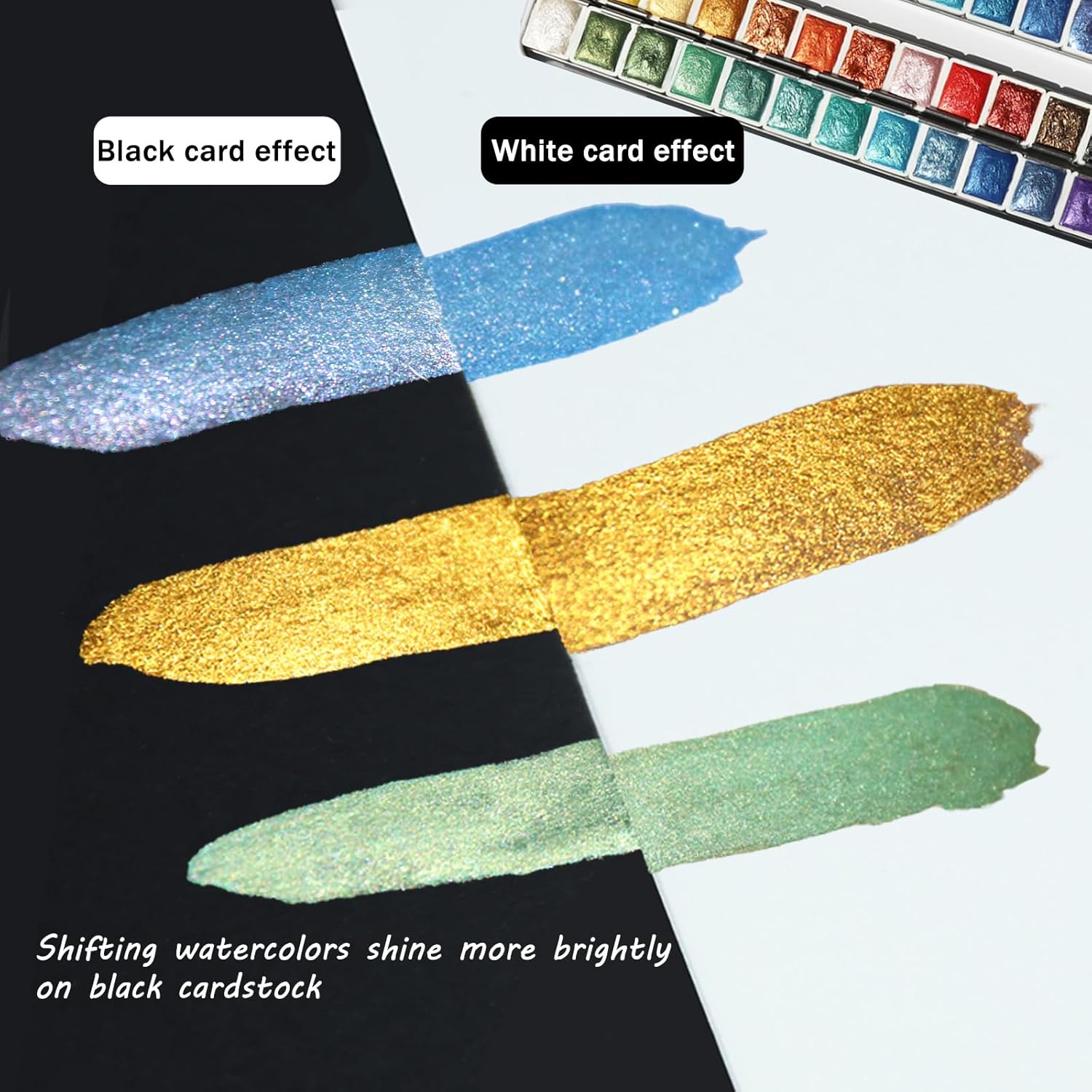 Metallic Watercolor Paints Set For Adult Artists, 24 Glitter Solid Watercolors 2Ml Half Pans Metal Case Sparkle Pearlescent Shiny Watercolour Painting Set