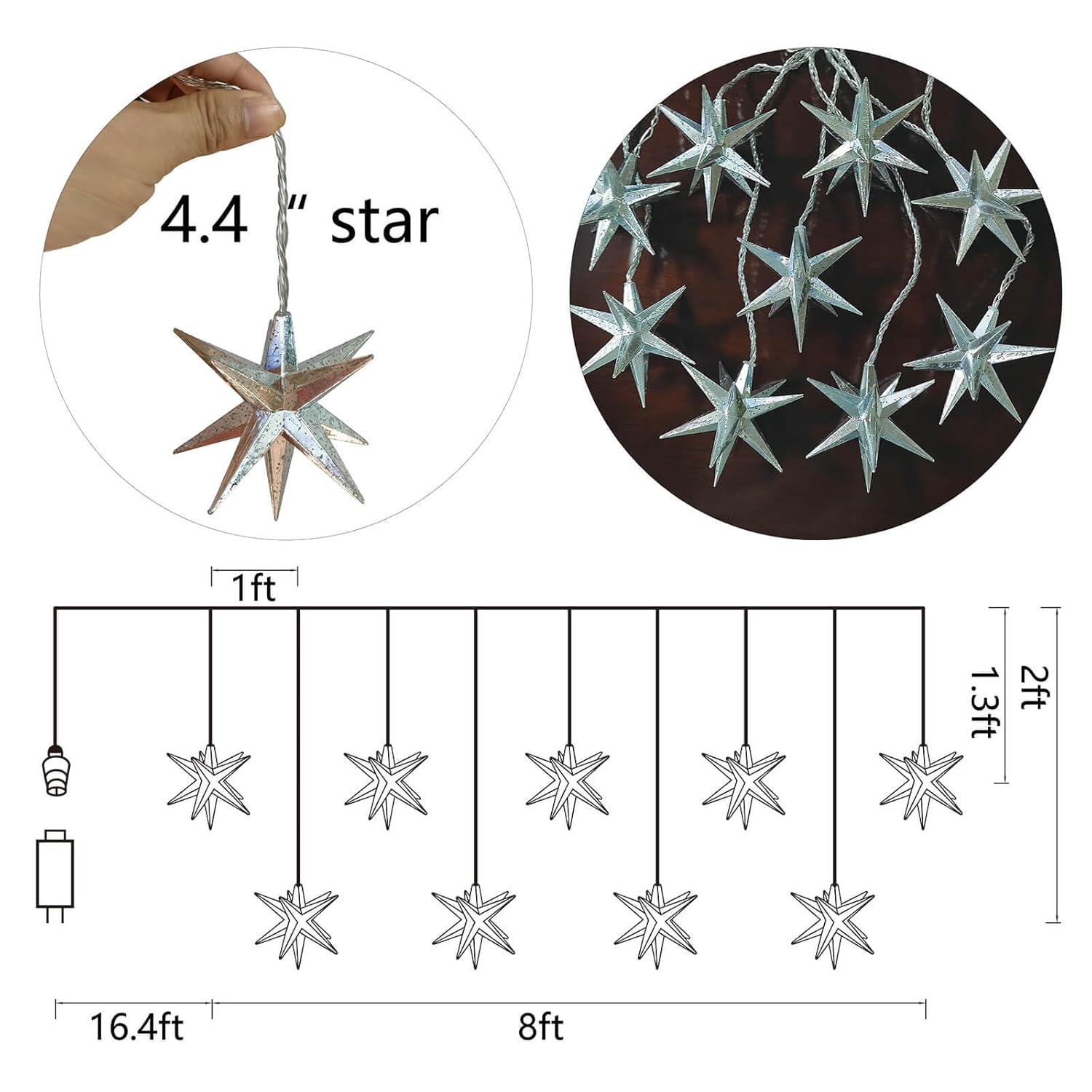 Moravian Star Curtain Light, Plug In With Remote, 8 Flashing Modes Of Warm Light, 9 Silver Stars Led String, Indoor Chri