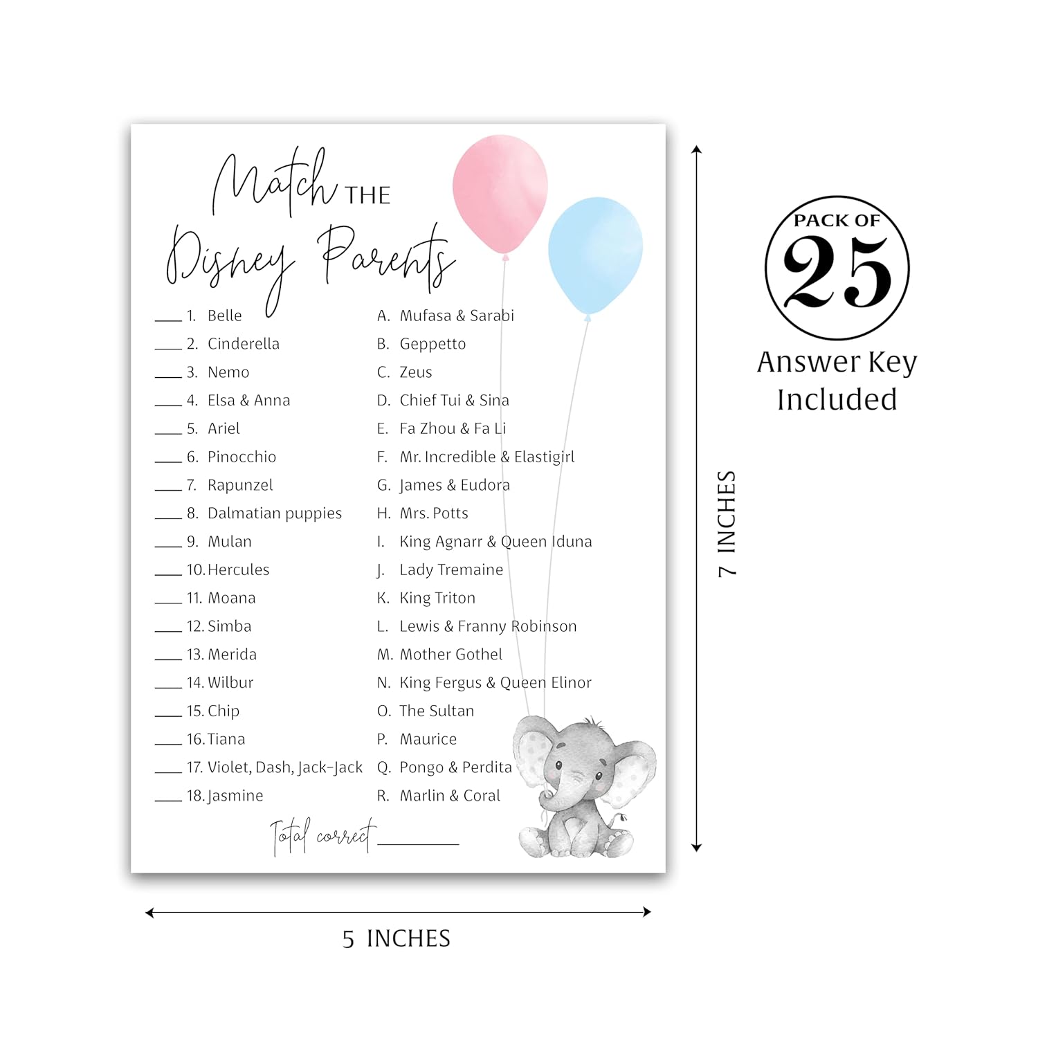 Gender Reveal Party Game — Cartoon Parent Match Game — Pack Of 25 — Elephant Pink Or Blue Baby Shower Game, Match Famous Cartoon Parents Co-Ed Fun Shower Activity, Star Kids Match Game G510-Dpm