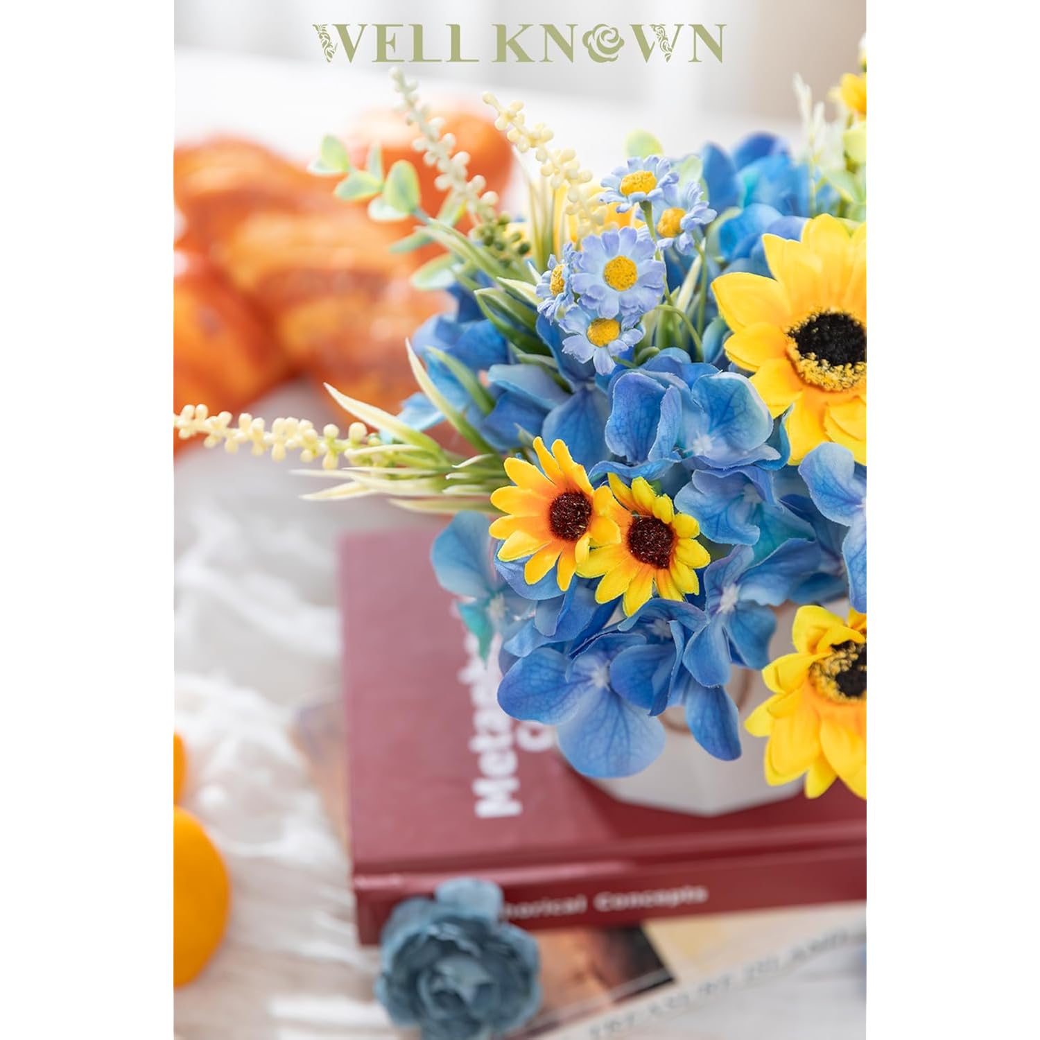Small Fake Flowers In Plastic Vase 7" Centerpieces Coffee Table Decor, Silk Sunflower Arrangement For Home Decor Artificial Flower Bouquet For Dining Room Kitchen Wedding Summer Yellow Blue