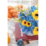 Small Fake Flowers In Plastic Vase 7" Centerpieces Coffee Table Decor, Silk Sunflower Arrangement For Home Decor Artificial Flower Bouquet For Dining Room Kitchen Wedding Summer Yellow Blue