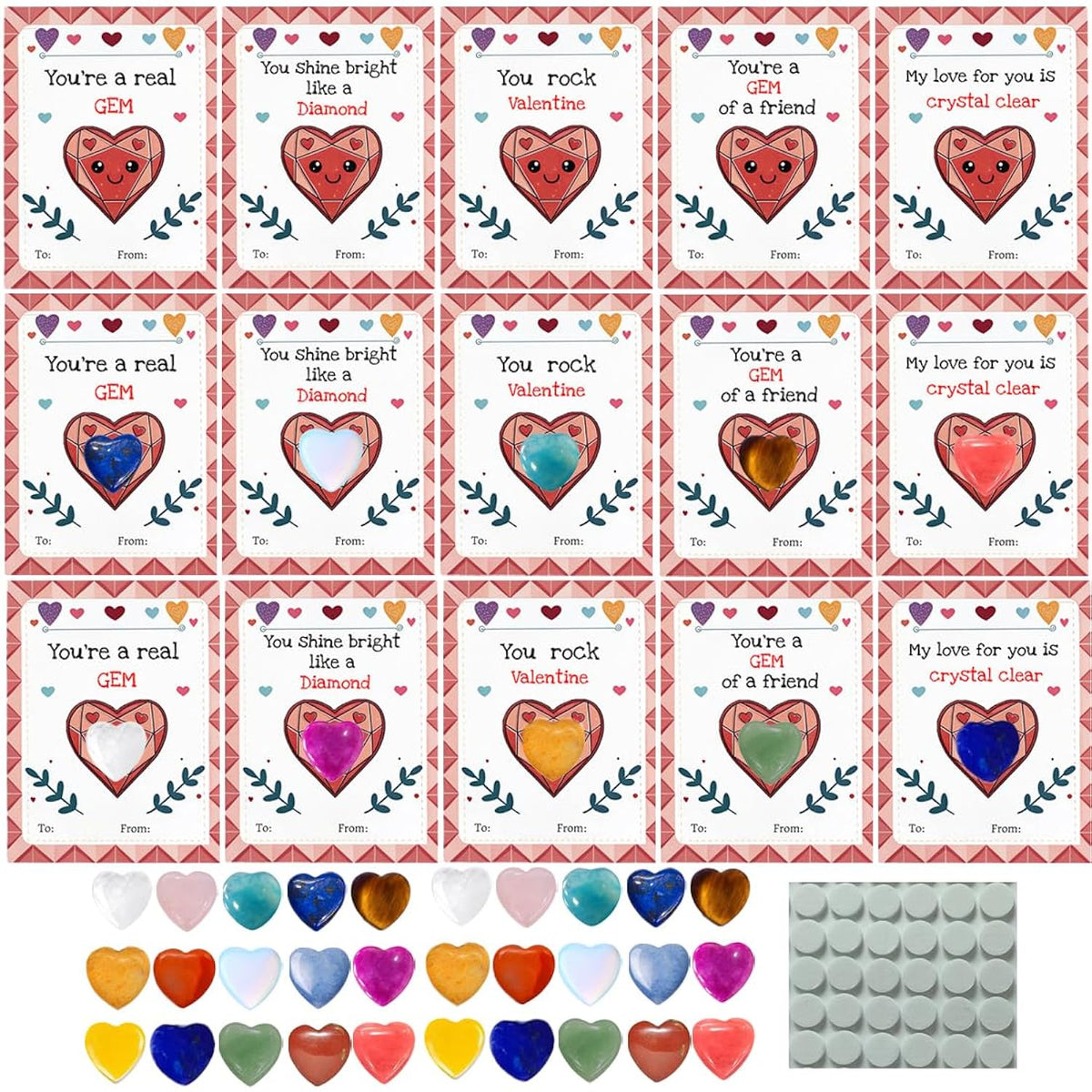 30 Pack Valentines Cards For Kids School Classroom - Heart Shaped Gem Crystal Valentine Exchange Cards Gifts - Gemstone Rock Gem Of A Friend