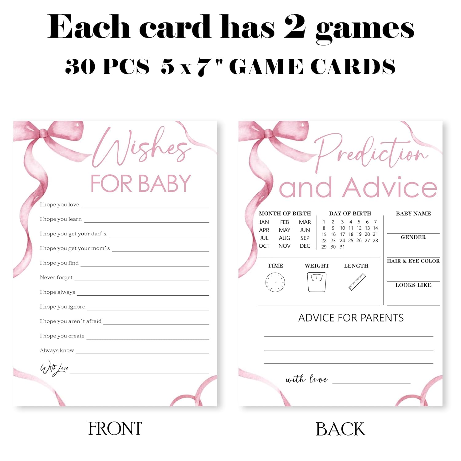 Minimalism Pink Baby Shower Game Cards-Wishes For Baby & Predictions & Advice Theme Games Activity For Boys & Girls-30 Ribbon Bow Game Cards(5”X7”)-Baby Shower Party Decorations & Supplies-D01