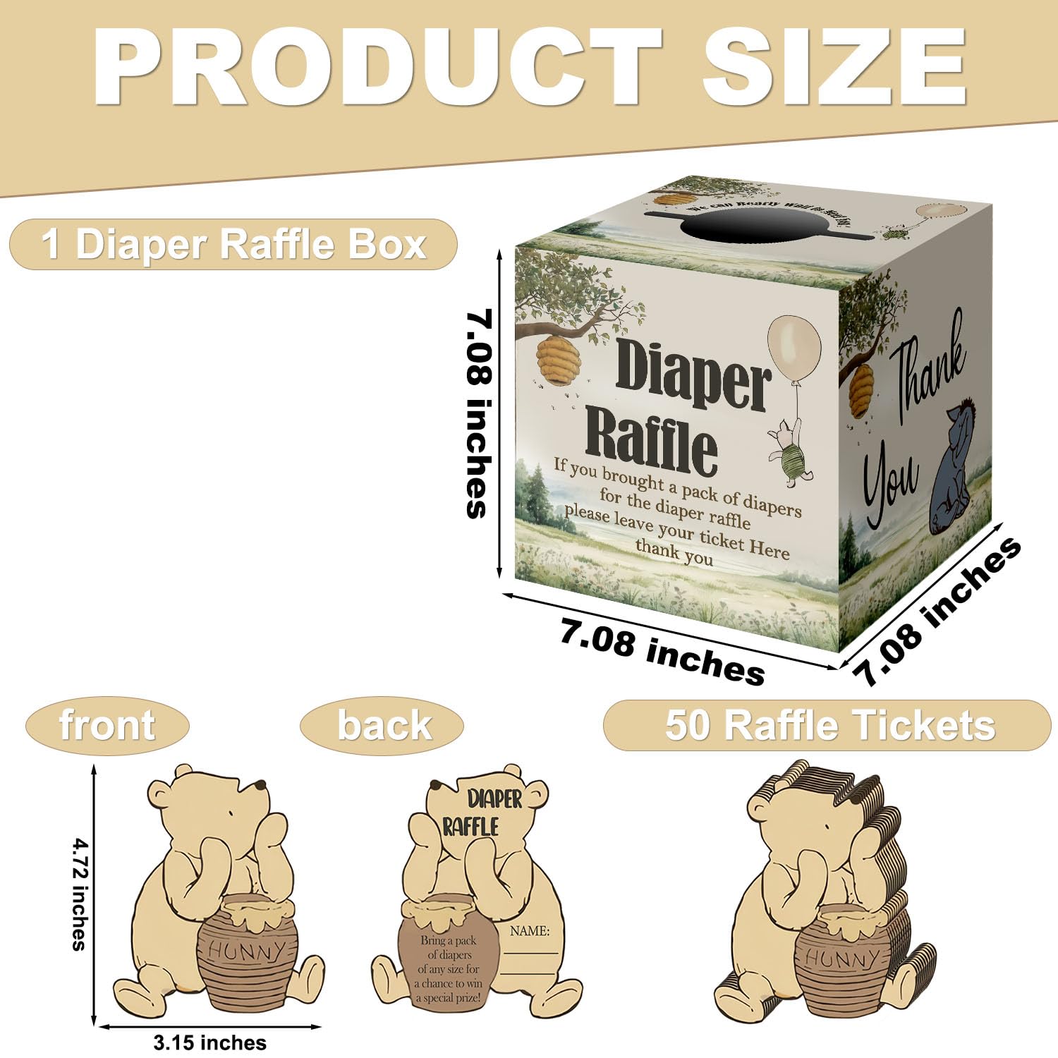 Winnie The Pooh 51Pcs Diaper Raffle Card Box For Baby Shower, Diaper Raffle Box With 50 Winnie Tickets, Party Favors Decorations Supplies
