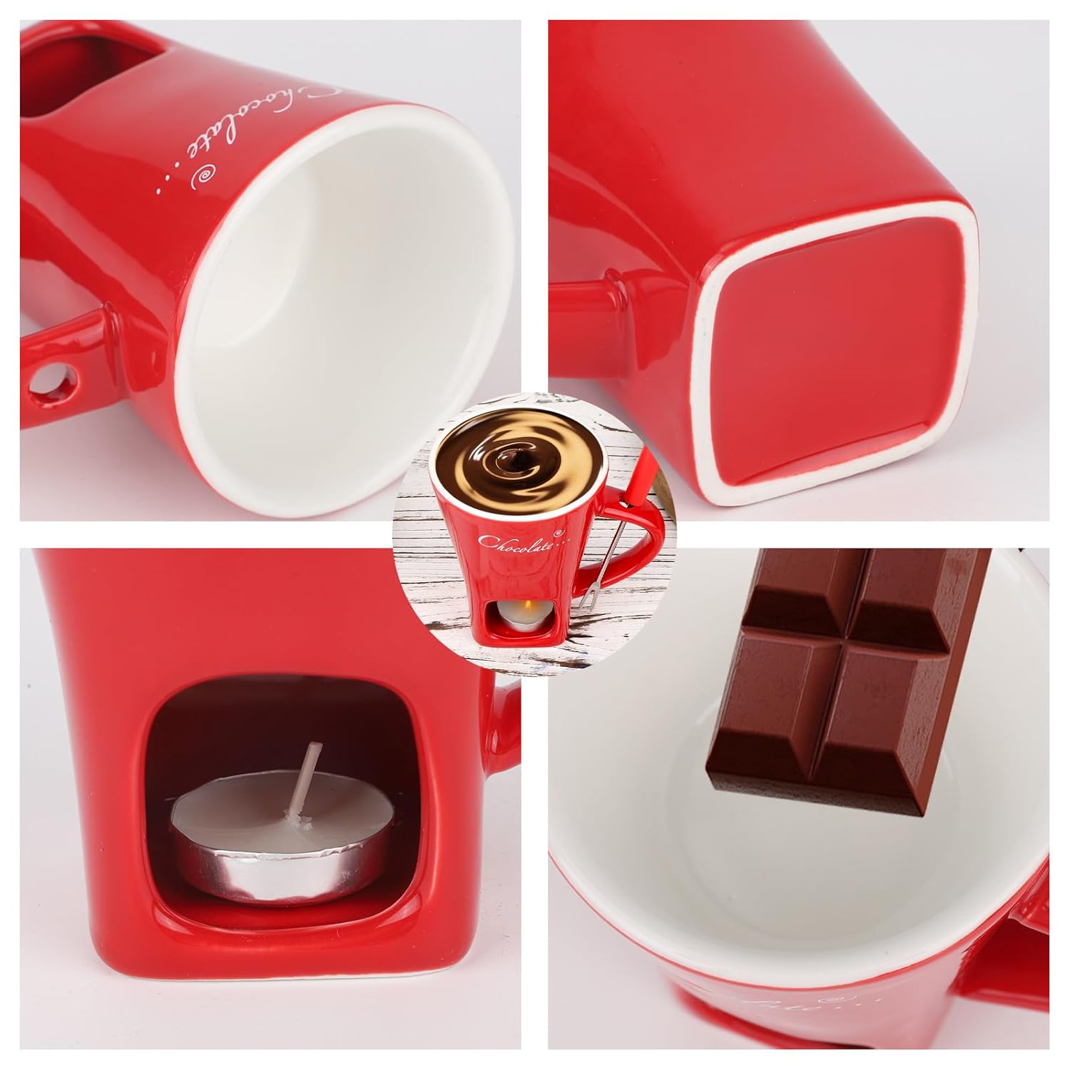 Chocolate Fondue Cup Set, Ceramic Sweet Melting Mug Tealight, Mini Fondue Pot Kit With Fork & Candle, Candy Warmer For Cheese Desserts Perfect For Date Nights Valentines Birthday Wedding Gift (Red)