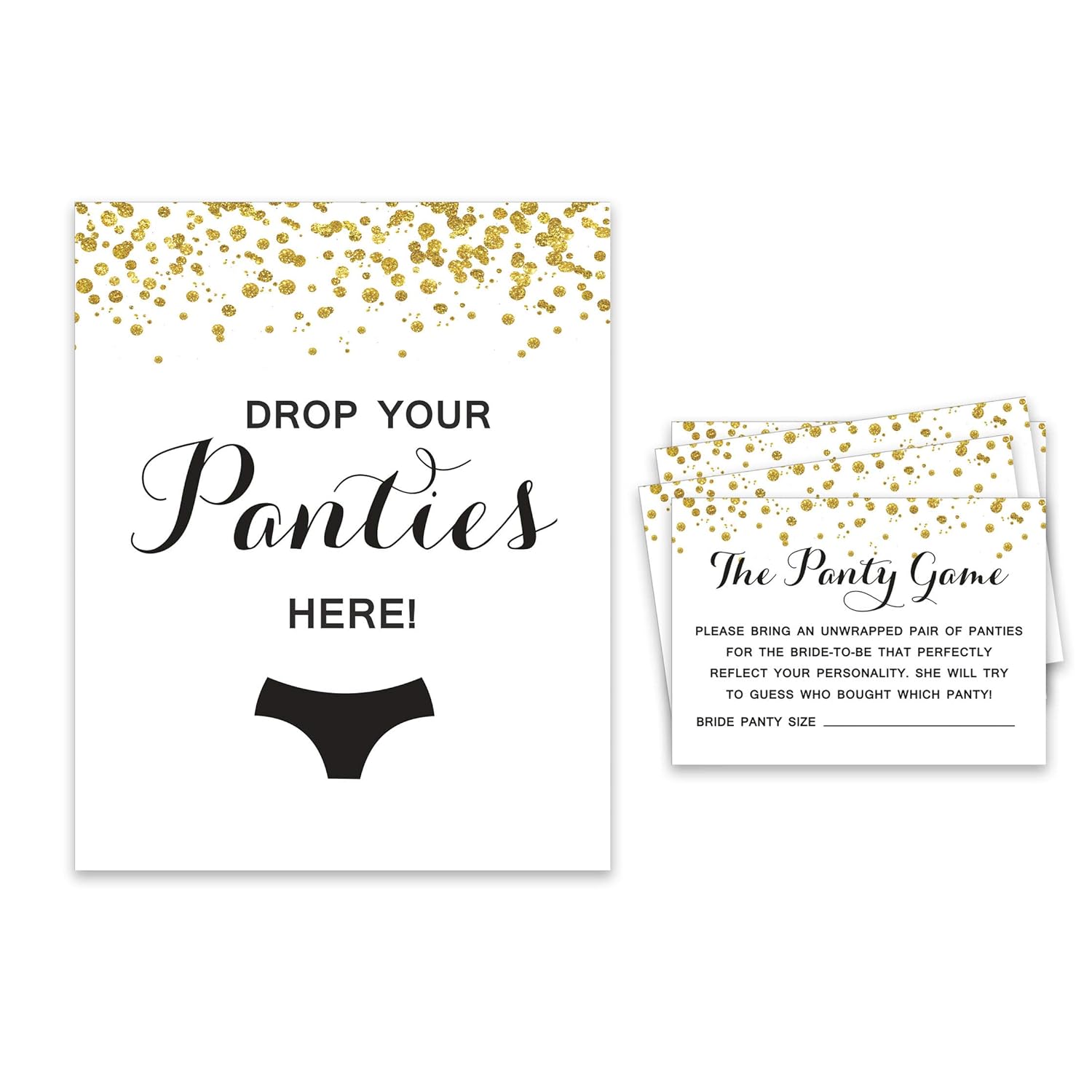 Bridal Shower Game 1 Sign + 30 Size Card White Gold Confetti Girls Night Out Bachelorette Party Drop Your Panties Game