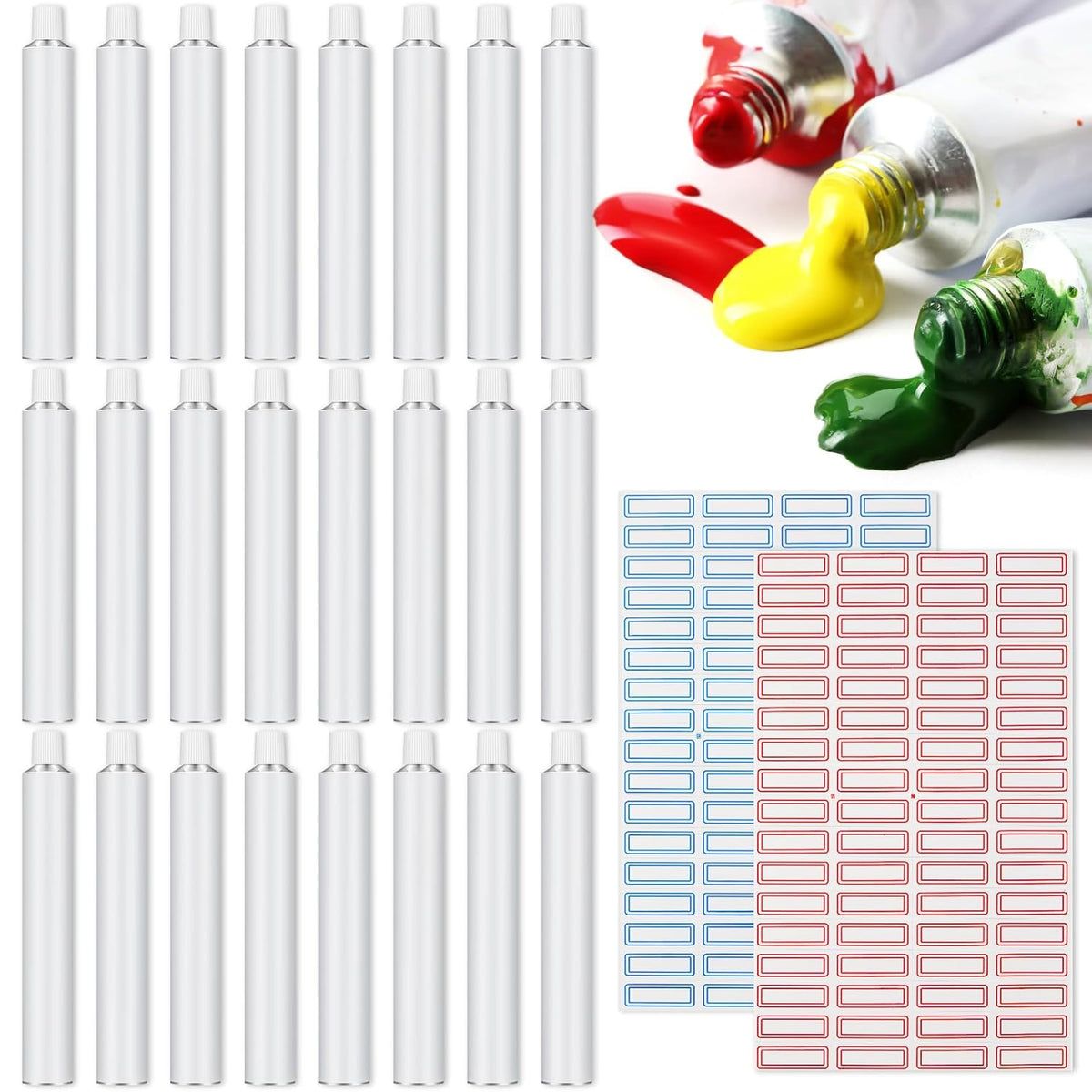 24 Pcs Empty Aluminum Paint Tubes 20 Ml Paint Tubes For Making Paint And Store Remaining Paint Acrylic Oils Watercolor Gouaches, With 2 Sheets Self Adhesive Label