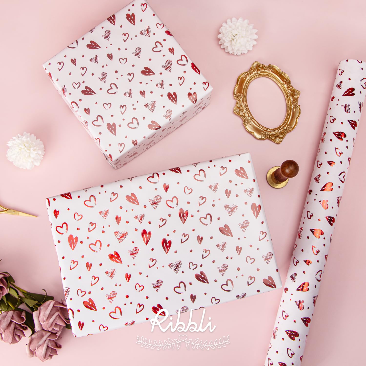 Valentine’S Day Wrapping Paper Red Heart Foil Mini Roll Gift Wrap For Women Girls Mother'S Day Anniversary Birthday Wedding 17 Inch X 33 Feet