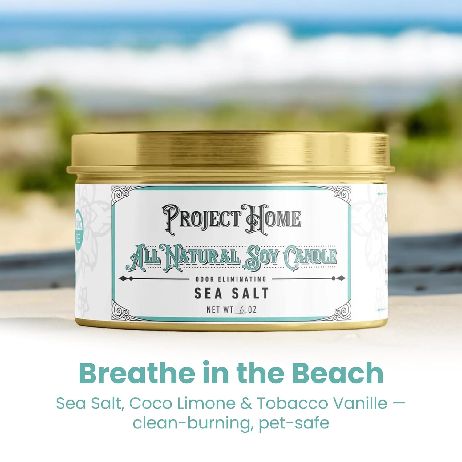 Sea Salt Pet Odor Eliminator Candle, Ocean Breeze Scent, 6Oz, Eco-Friendly Soy Wax, Made In Usa, Pet-Safe, Natural Odor Removal Candle, Non-Toxic, Phthalate-Free, Cotton Wick