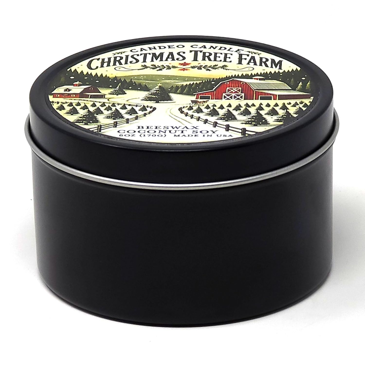 Christmas Tree Farm - Container Candle, 6 Oz - Made With Beeswax, Coconut And Soy - Black Tin Candle - Handmade In The Usa - (Christmas Tree Farm)