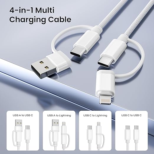 4 in 1 USB C Multi Charging Cable 6.6FT 60W Fast Charger Cord for iPhone 17 16 Samsung iPad