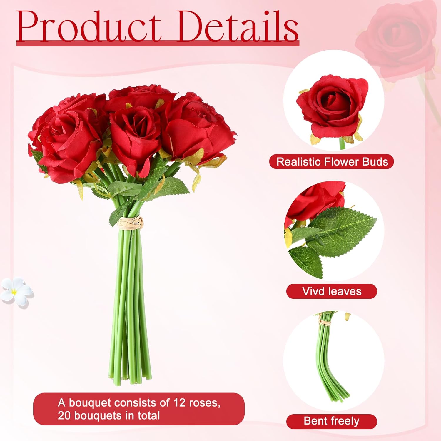240 Pcs Artificial Rose Flowers Bouquet Silk Realistic Flowers Bulk Centerpieces Diy Bride Fake Rose For Home Bridal Wedding Party Decorations(Red)