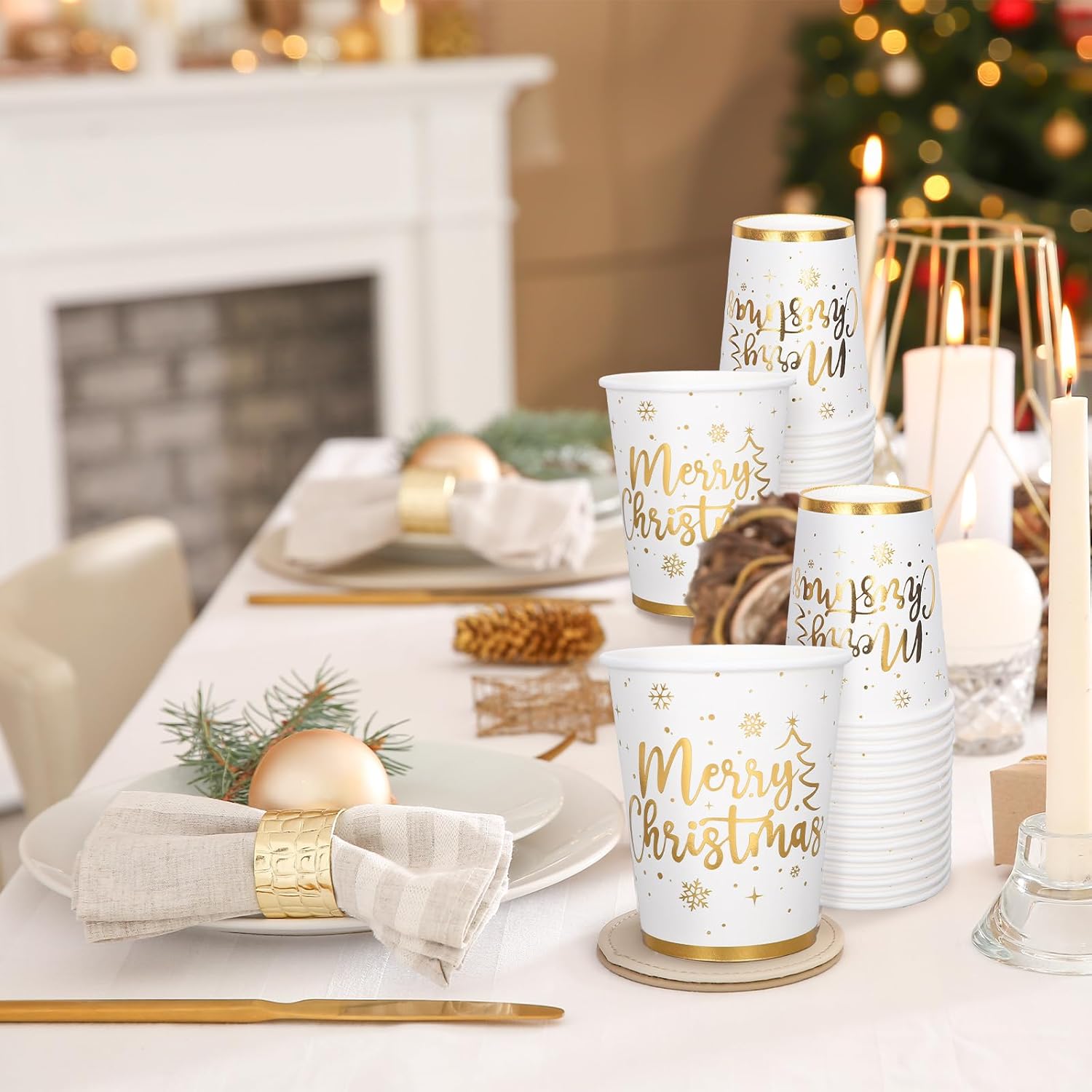 50Pcs Gold Foil Christmas Paper Cups 9 Oz Disposable Coffee Cups Xmas Holiday Party Cups For Hot Cold Beverage Party Supplies