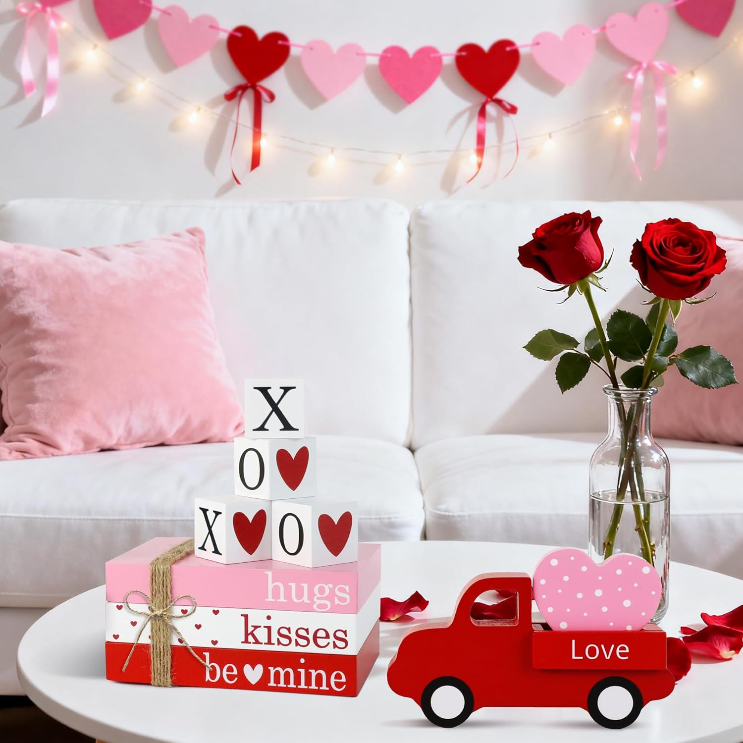 Valentines Day Decorations Wooden Sign, Valentines Wood Book Stack With 4 Xoxo Signs & Red Truck & Pink Heart, Farmhouse Valentines Table Decor Centerpiece For Home Office Mantel Shelf Tiered Tray