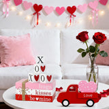 Valentines Day Decorations Wooden Sign, Valentines Wood Book Stack With 4 Xoxo Signs & Red Truck & Pink Heart, Farmhouse Valentines Table Decor Centerpiece For Home Office Mantel Shelf Tiered Tray