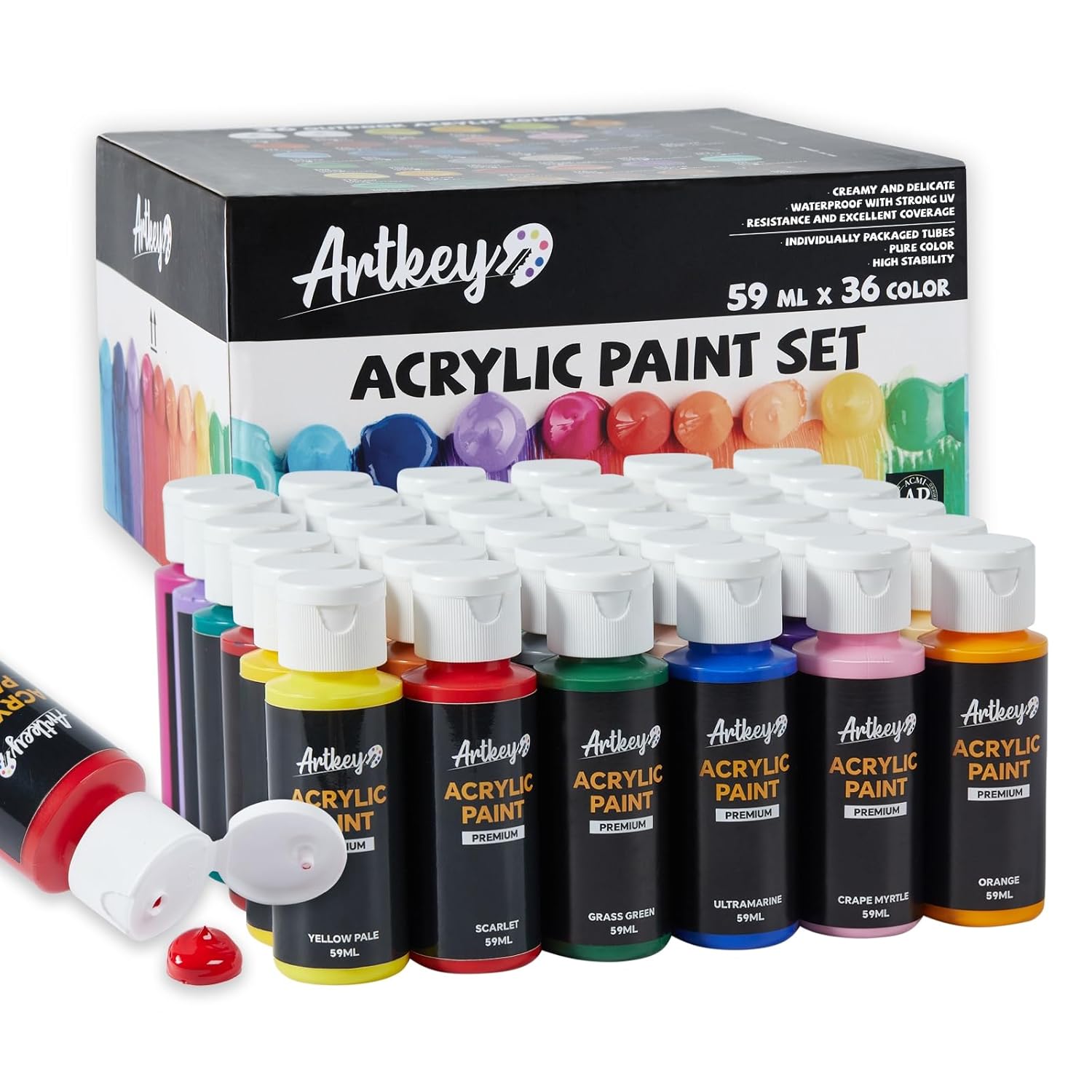 Acrylic Paint Set - 36 Colors 2 Oz/59 Ml Acrylic Paints Professional Artists Painting Kit For Canvases Fabric Rock Leather Easter Egg Wood Ceramic Glass Art Craft Painting