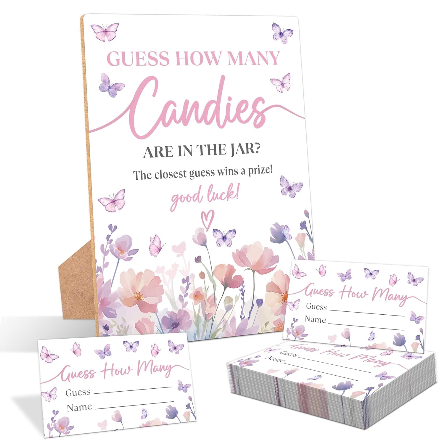Butterfly Guess How Many Candies Are In The Jar Game, Pack Of 1 Wooden Tabletop Sign With Stand And 50 Guessing Cards, Purple Butterfly Baby Shower Game, Gender Reveal Party Decorations - Wv12
