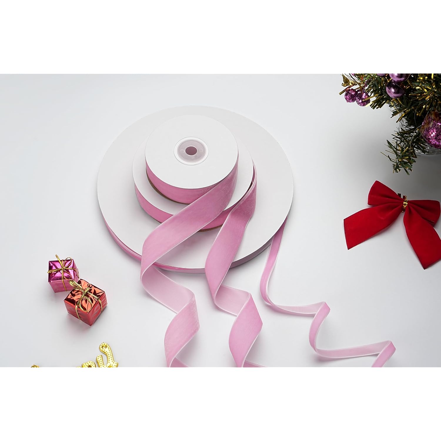 Velvet Ribbon Decorations For Christmas Tree Diy Crafts, Xmas Light Pink Ribbons For Wedding Hair Bows Flower Home Garland Decor 1'' X 10 Yards X 1 Roll