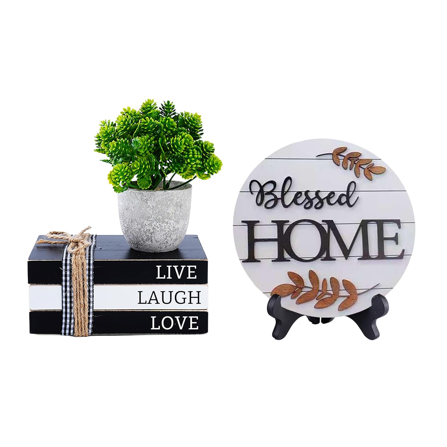 Farmhouse Family Tiered Tray, Mini Wooden Book Stacks Live Laugh Love Blessed Home, Black And White Home Decor For Housewarming Gifts (Blessed Home)