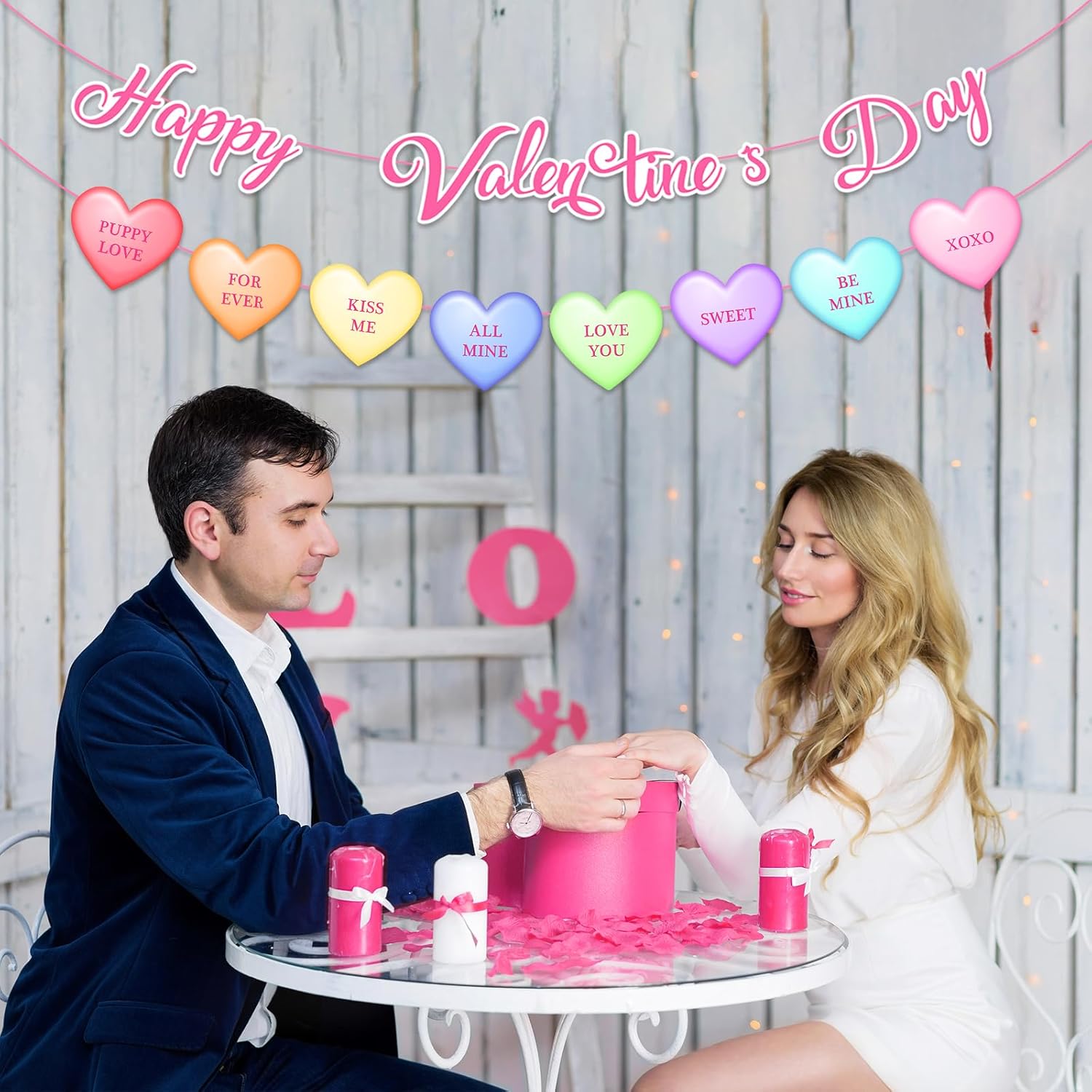 Happy Valentine'S Day Banner Marcron Sweet Love Words Heart Sign Garland For Valentines Party Decorations