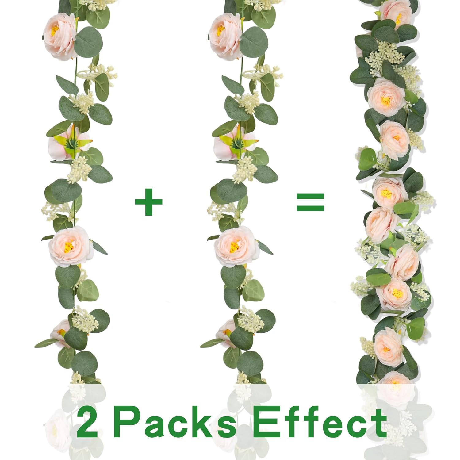 Set Of 2 Eucalyptus Garland With Flowers, 6.56Ft Artificial Pink Flower Greenery Garlands Natural Looking, Floral Garland Rose Vines For Party Wedding Table Backdrop Wall Decor (2Pcs-Pink)