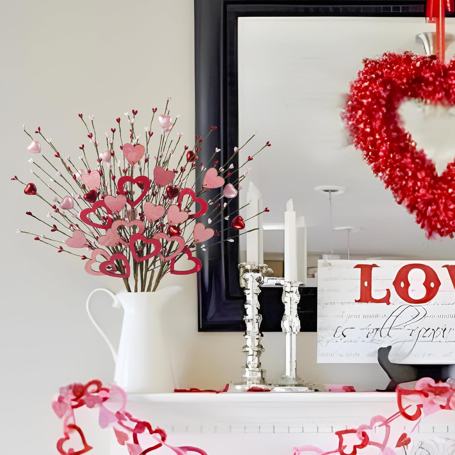 6 Pcs Valentines Day Decorations, 23 Inch Valentines Day Fowers Picks Artificial Heart Berry Stems Branches For Table Centerpiece Floral Arrangements Party Wedding Vase Decor