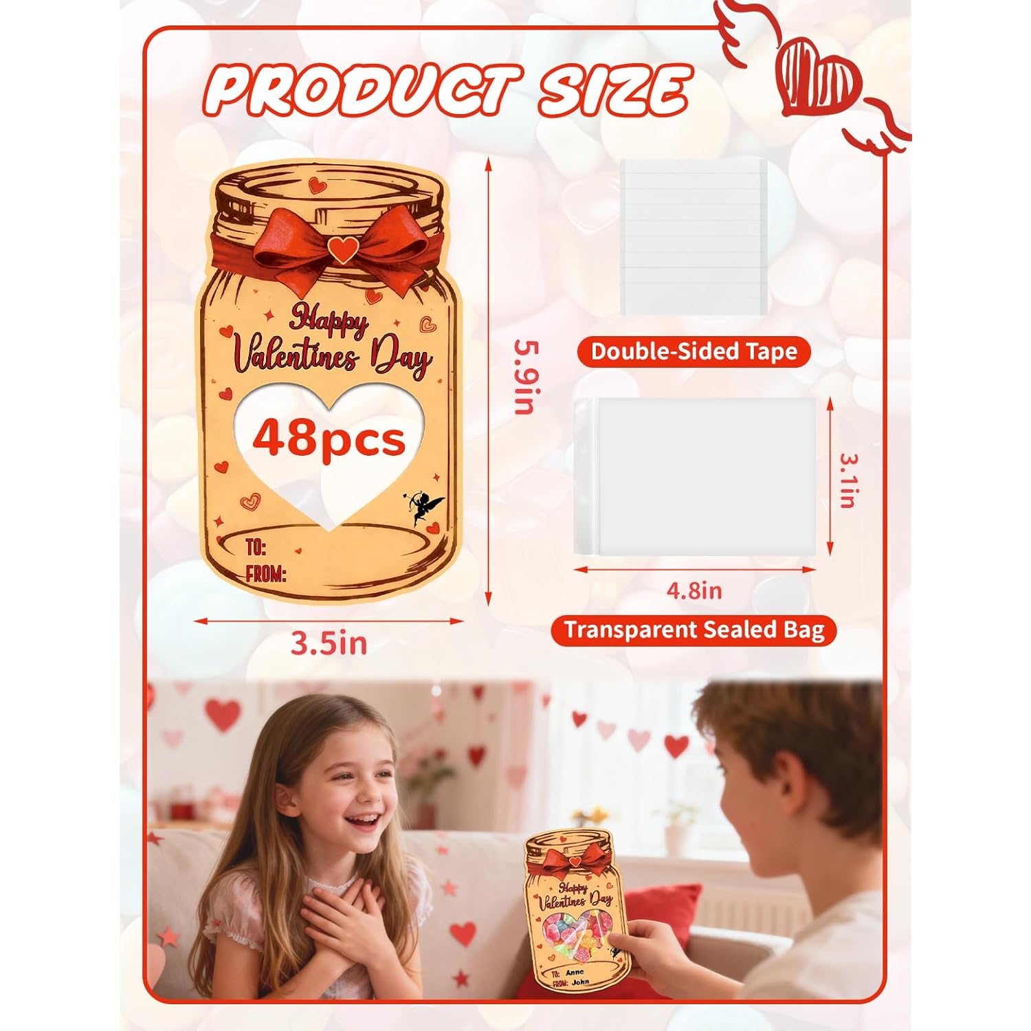 Valentine’S Day Cards For Kids, 48 Pack Mason Jar Valentine Cards With Heart Window And Treat Bags, Diy Classroom Exchange Cards For Boys And Girls School Party Favors (Candy Not Included)