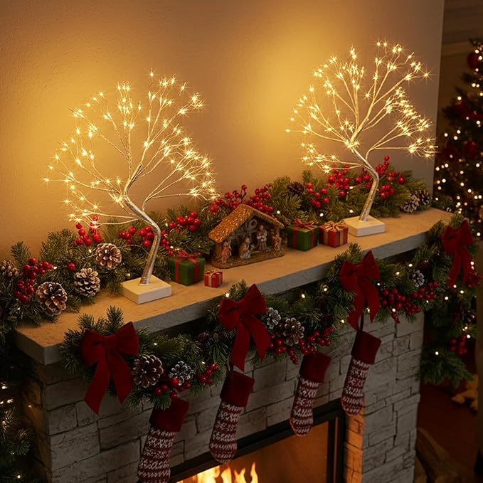 2 Pack Fairy Light Bonsai Tree 108 LED Light Up Tree Decor with 8 Lighting Modes USB and Battery Powered Tabletop Spirit Tree for Home Bedroom Christmas Holiday Decorations Silver
