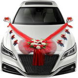 Artificial Wedding Car Flowers Plate Ribbon Bows Set With Silk Organza Wreaths Plush Mini Bear Door Handle Ornaments Diy Wedding Accessories Decorative Supplies For Party Events Red