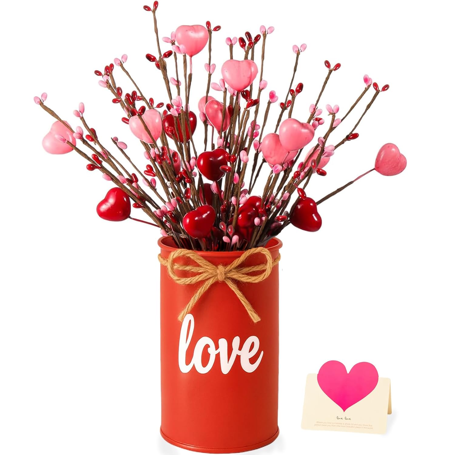 Valentine & Galentine'S Day Table Centerpiece Decor, Artificial Heart Flower Stems With Metal Pots, Valentines Galentines Day Home Office Decorations Gift With Card (Red)