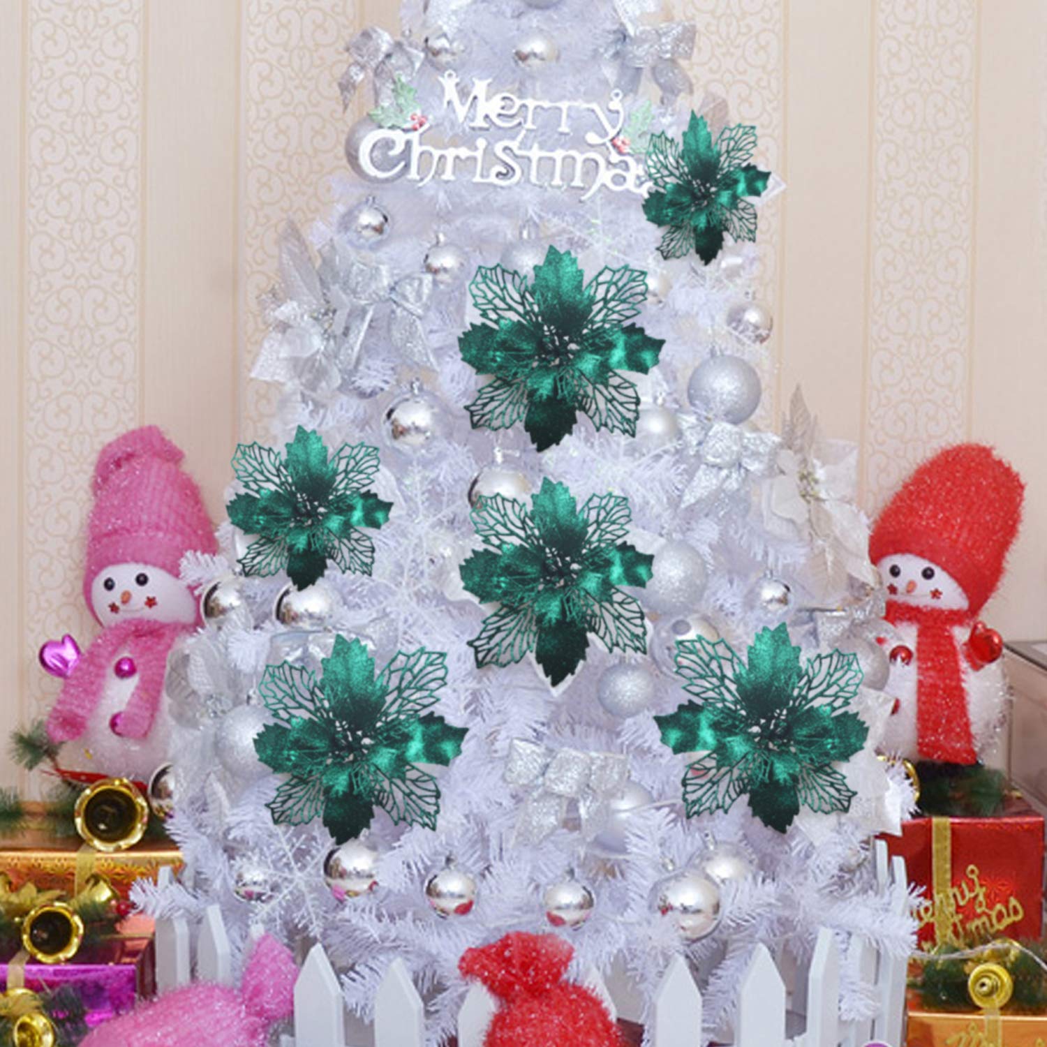12 Pieces 6.3’’ Glitter Christmas Flowers Blackish Green Poinsettia Artificial Flower Christmas Tree Flowers Wreath Tree Ornaments With 12 Pcs Green Flower Stem