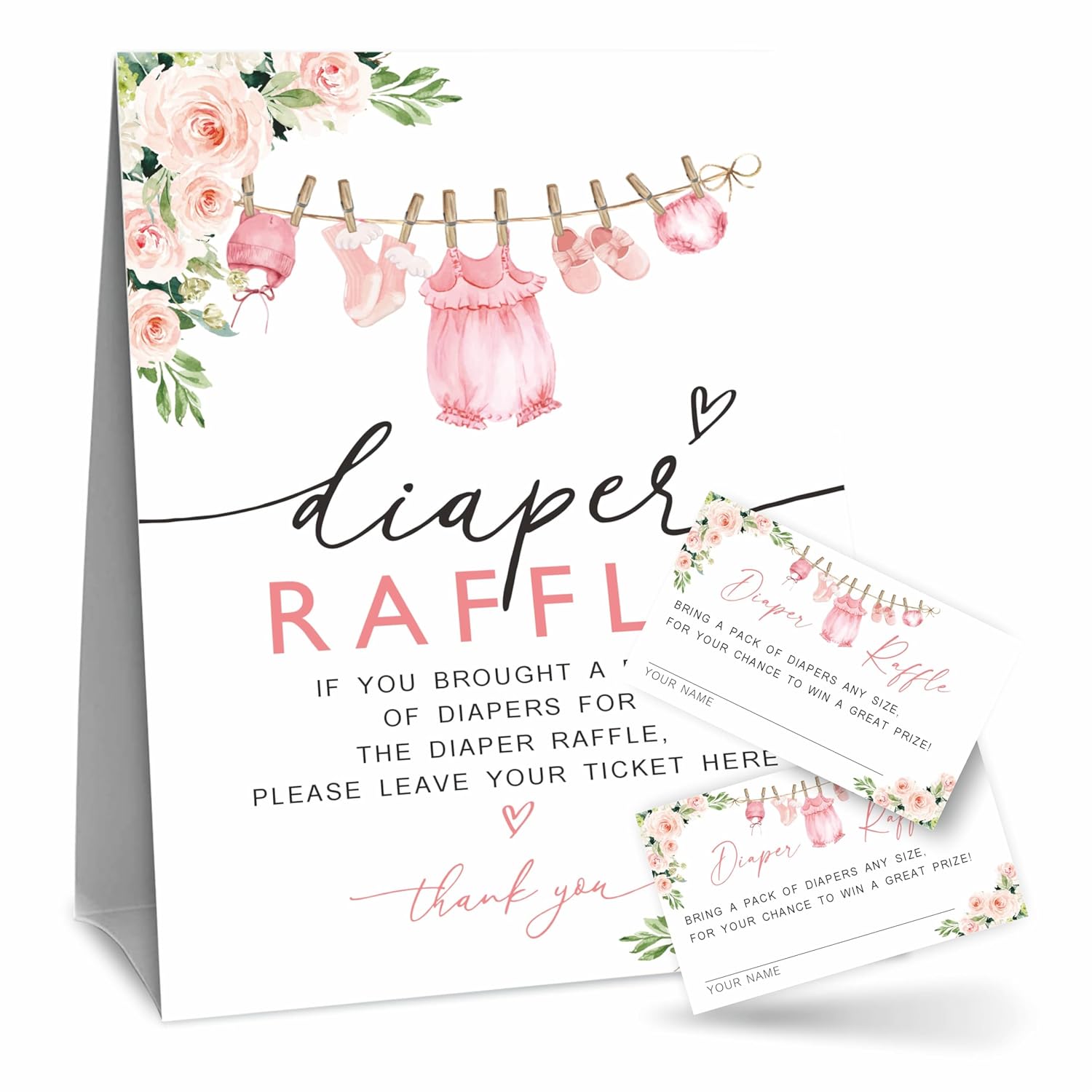 Baby Girl Diaper Raffle Game Kit For Baby Shower, Baby Blush Floral - 1 Standing Sign & 50 Tickets, Decorations For Baby Shower, Gender Reveal, Baby Announcement, Party Favor & Supplies - A07