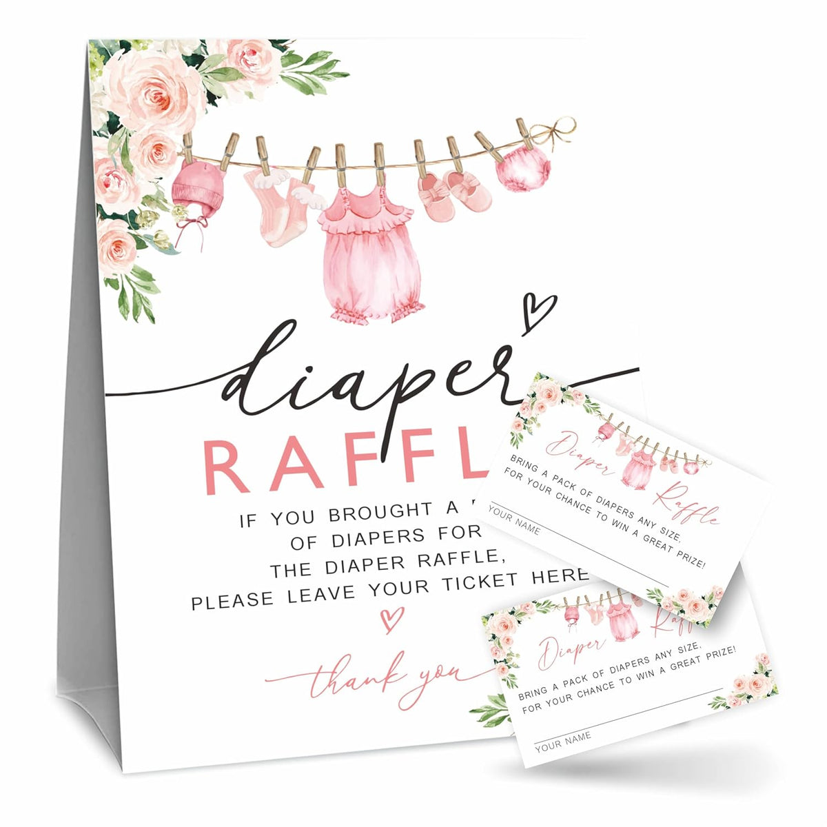 Baby Girl Diaper Raffle Game Kit For Baby Shower, Baby Blush Floral - 1 Standing Sign & 50 Tickets, Decorations For Baby Shower, Gender Reveal, Baby Announcement, Party Favor & Supplies - A07