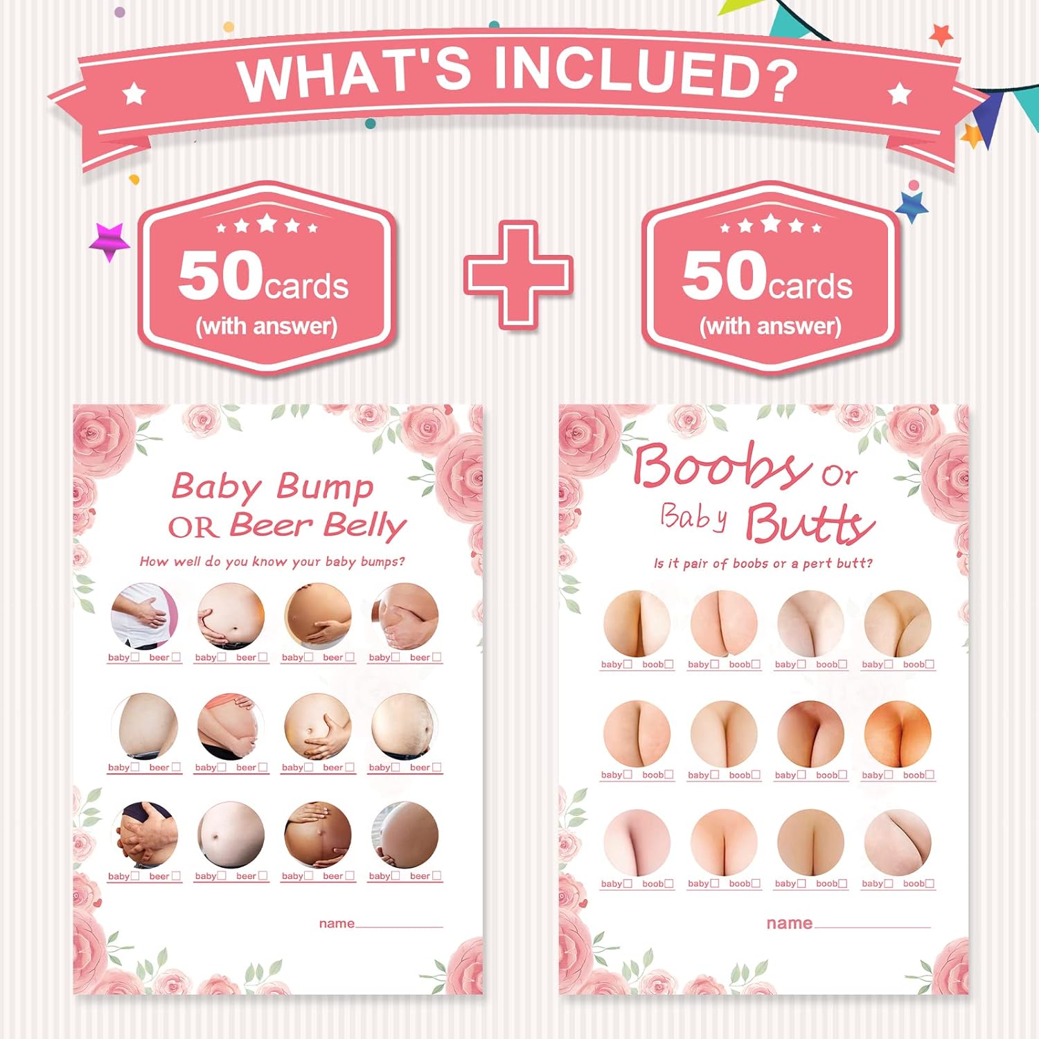 Baby Shower Games For Girl-2 Games(50 Of Each),Double-Sided,Thick Cardboard,Fun,Hilarious,And Easy To Play,Baby Shower Games 50 Guest,With Answer Keys