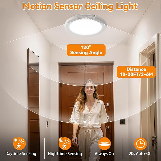 2 Pack Rechargeable Motion Sensor Ceiling Lights Wireless Dimmable LED Lights with Remote