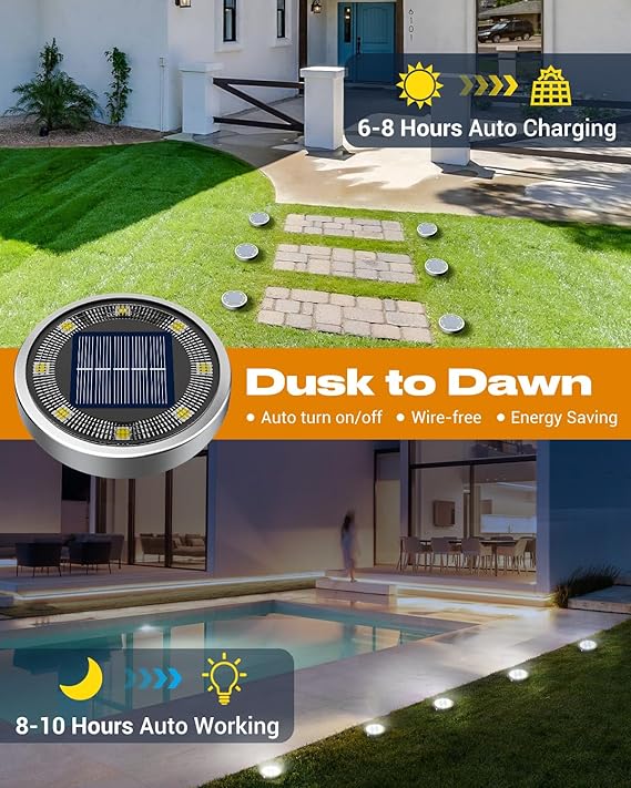 16 Pack Solar Ground Lights 8 LED IP65 Waterproof Flat Disc Pathway Garden Lights