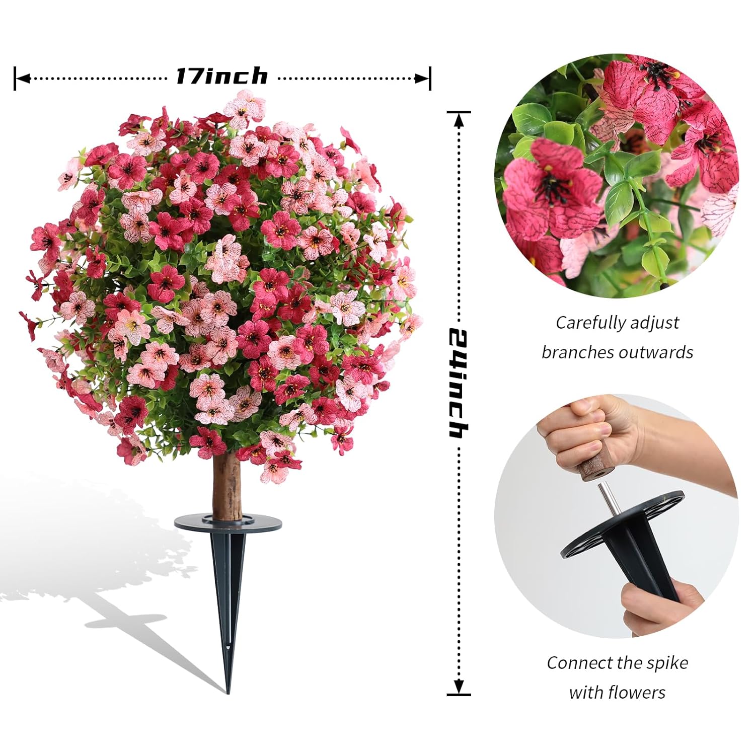 Artificial Boxwood Topiary Ball Tree With Mum Flowers 24” Tall Faux Plant With Ground Spikes Set Of 2 Fake Flower Bushs For Farmhouse Porch Home Garden Decor