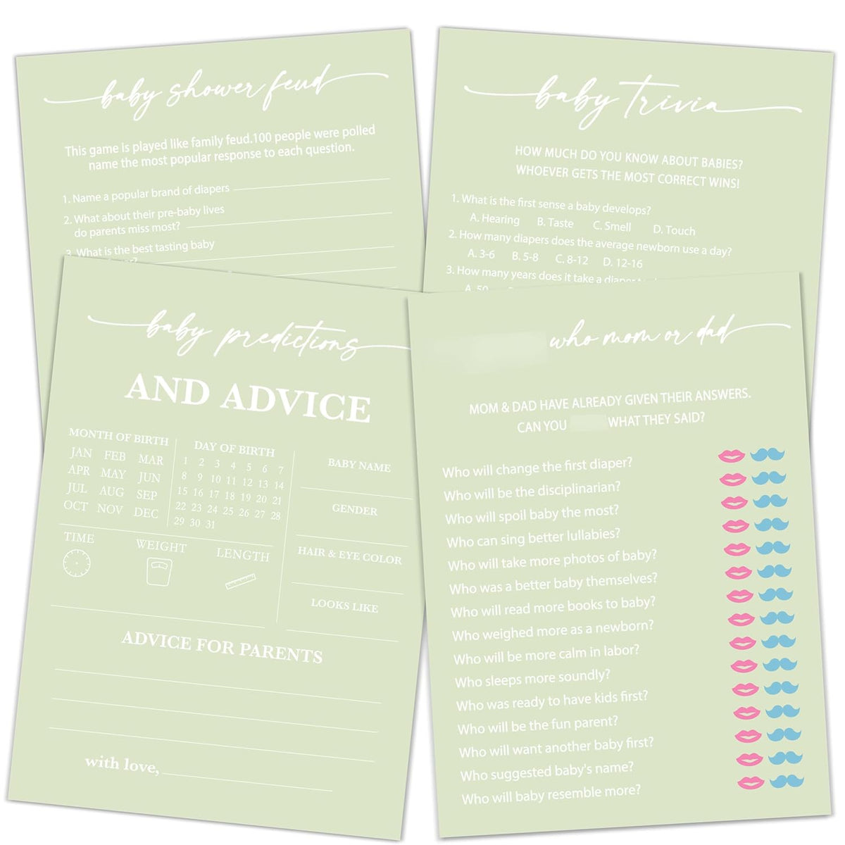 Baby Shower Games Set, Green Theme Baby Shower Game Cards, 50 Double-Sided Cards For 25 Guests, 4 Games - Find, Predictions, Trivia, Feud, Gender Reveal Party Supplies, Party Decor Ideas -03