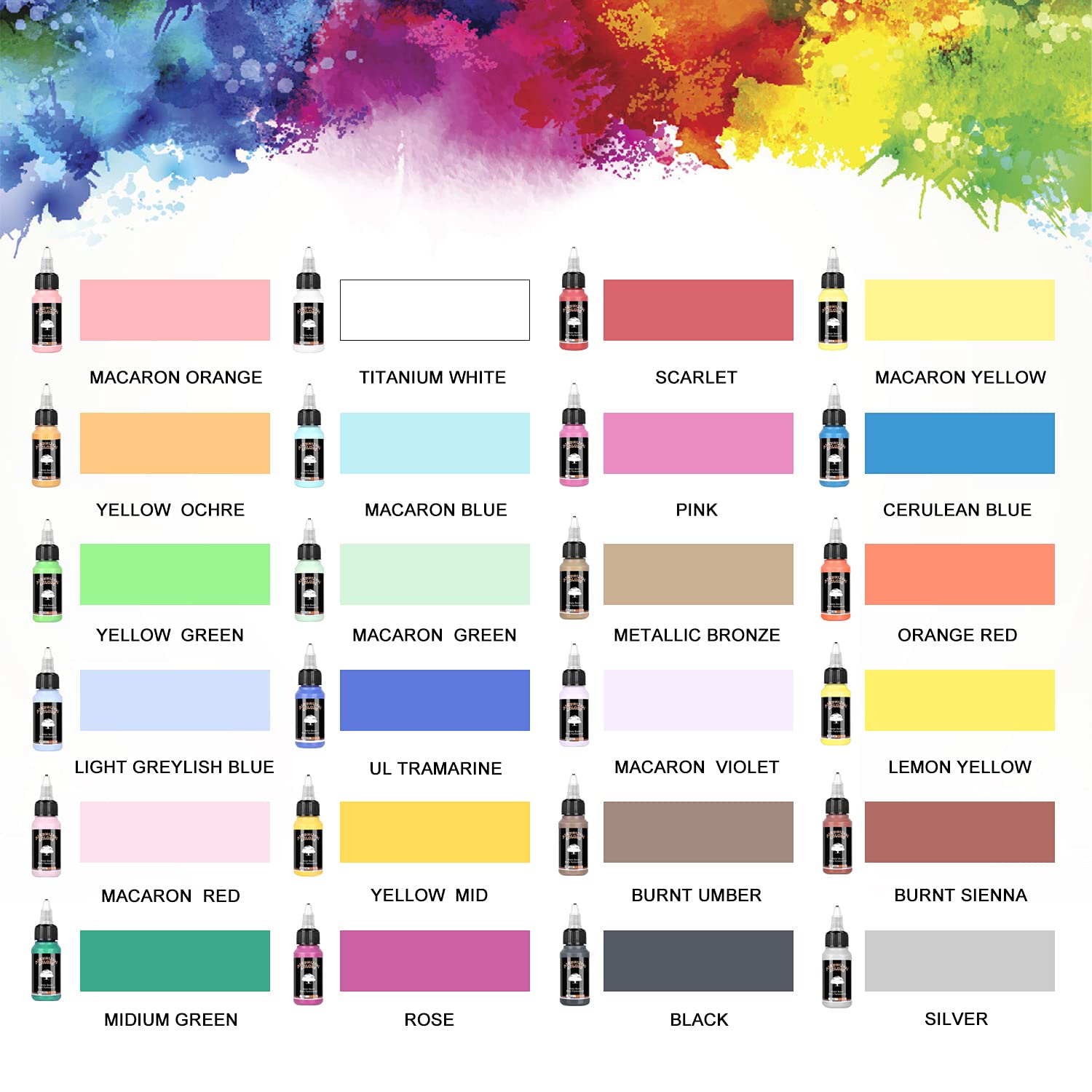 Acrylic Airbrush Paint 24 Colors (30 Ml/1Fl Oz) With Color Wheel Ready To Painting Set, Water Based Waterproof Quick Drying For Model, Shoes, Leather, Wall