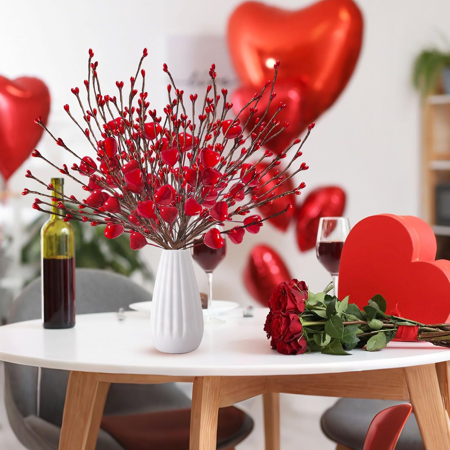 12Pcs Valentines Day Decorations Flowers Artificial Berry Floral,Red Valentine Heart Shaped Branches Gifts For Home,Valentines Party Decor,Wedding,New Year Decor