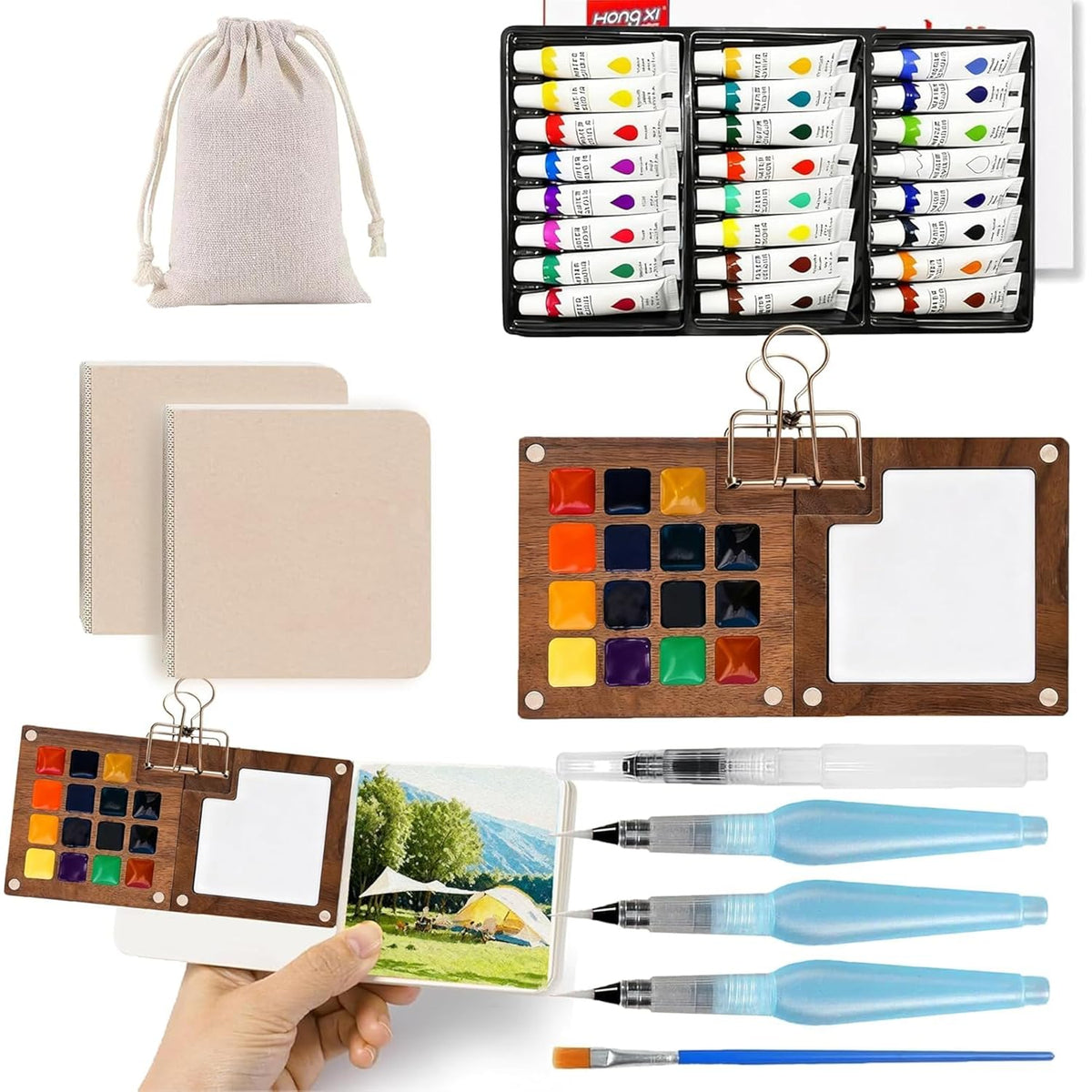 Mini Watercolor Paint Set, Pocket Watercolor Set With Paint, Travel Paint Kit,Brush, Sketchbook & Copper Clip, Watercolor Travel Kit For Beginners, Artists & Painting Enthusiasts