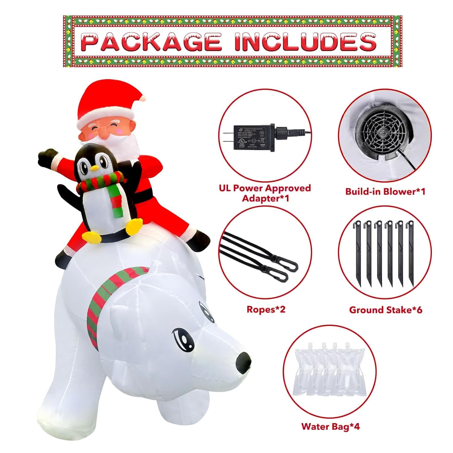 6Ft Christmas Inflatable Outdoor Decoration, Blow Up Santa Claus Penguin Riding On Polar Bear With Gift Boxes And Built-
