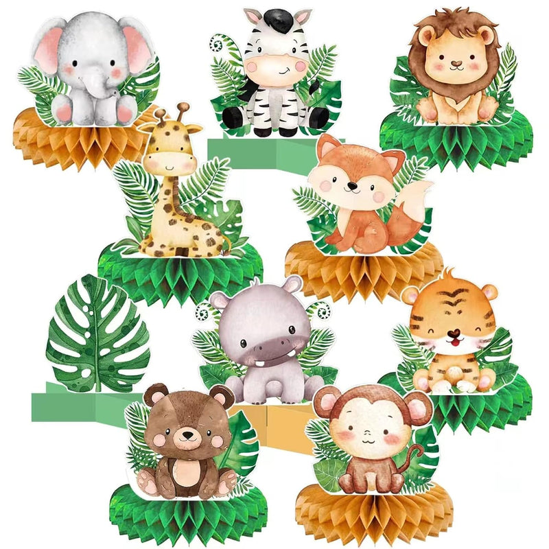 10 Pcs Baby Jungle Animals Honeycomb Centerpieces 3D Table Decorations