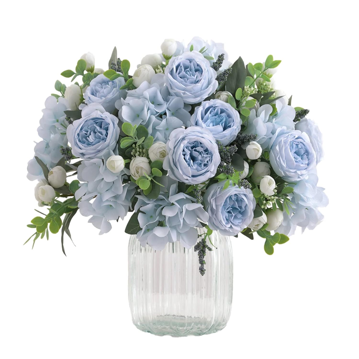 4 Bunches Artificial Flowers For Decoration Blue Peonies Fake Roses Arrangements Table Centerpiece Faux Flores For Wedding Home Vase Decor