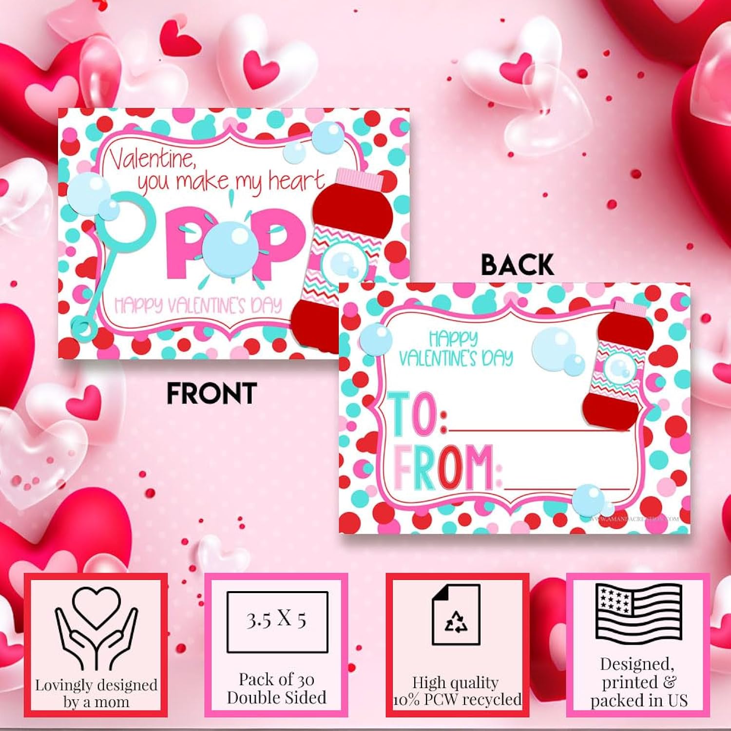 You Make My Heart Pop Bubble Themed Valentine'S Day Cards For Kids To Give To Friends & Classmates, Thirty (30) 3.5" X 5" Fill In Cards (Without Envelopes) By Amandacreation